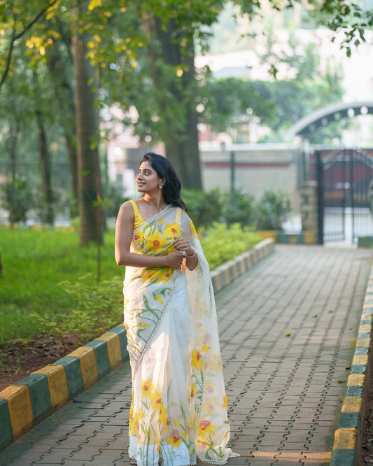 Luxury Daisy Bloom Organza Saree with Pearl Border & Stitched Designer Blouse