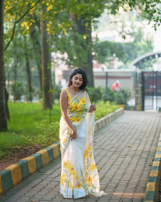 Luxury Daisy Bloom Organza Saree with Pearl Border & Stitched Designer Blouse