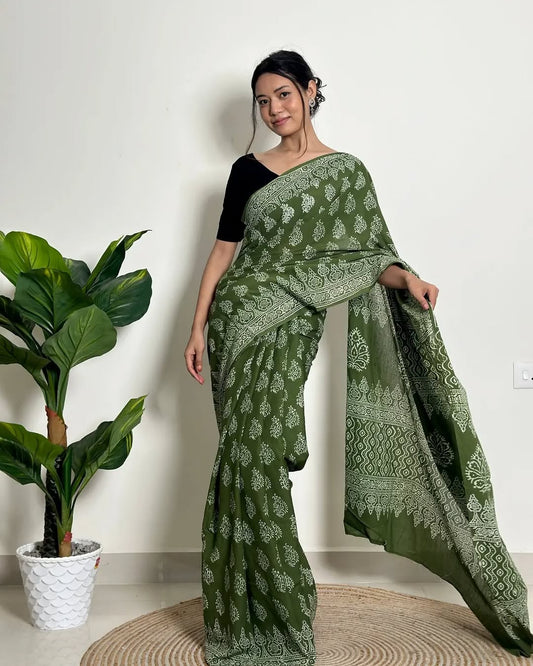 Olive Heritage Ready-to-Wear Saree With Pocket