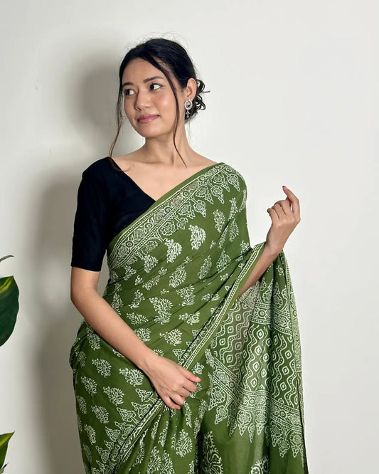 Olive Heritage Ready-to-Wear Saree With Pocket