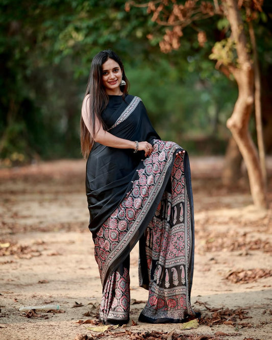 Midnight Heritage Ready-to-Wear Crepe Silk Saree with Unstitched Blouse
