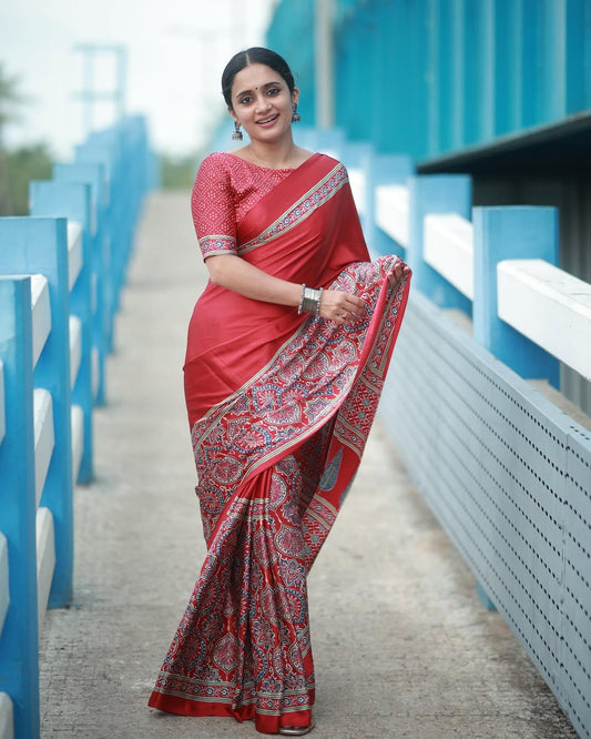 Royal Crimson Ready-to-Wear Crepe Silk Saree with Unstitched Blouse
