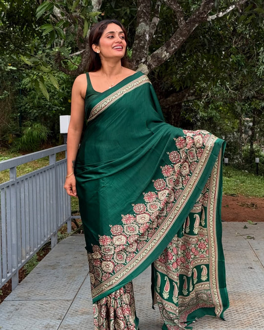 Emerald Heritage Ready-to-Wear Crepe Silk Saree with Unstitched Blouse