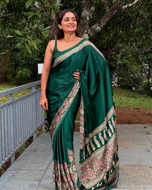 Emerald Heritage Ready-to-Wear Crepe Silk Saree with Unstitched Blouse