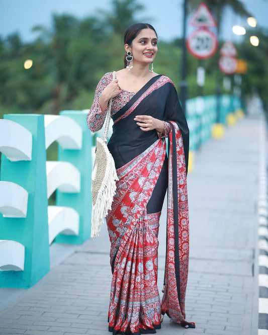 Regal Crimson Heritage Ready-to-Wear Crepe Silk Saree with Matching Blouse