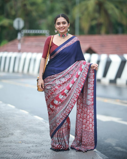 Royal Indigo Heritage Ready-to-Wear Crepe Silk Saree with Unstitched Blouse