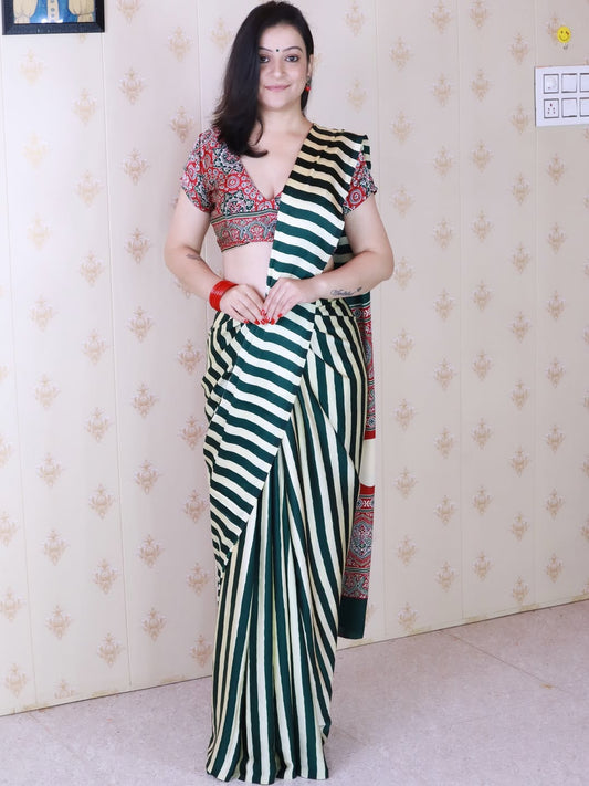 Emerald Stripe Ready-to-Wear Crepe Silk Saree with Designer Printed Blouse