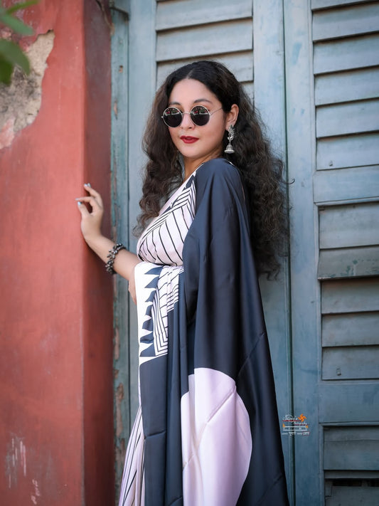 Midnight Monochrome Designer Ready-to-Wear Crepe Silk Saree