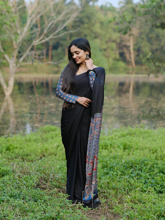 Royal Midnight Ajrakh Ready-to-Wear Crepe Silk Saree