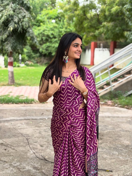 Royal Plum Zigzag Ready-to-Wear Crepe Silk Saree with Heritage Floral Pallu