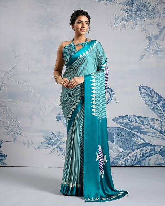 Ocean Teal Ready-to-Wear Crepe Silk Saree with Contemporary Geometric Elegance