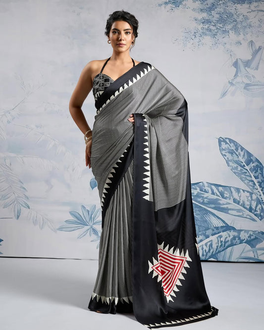Noir Elegance Ready-to-Wear Crepe Silk Saree with Monochrome Geometric Pallu