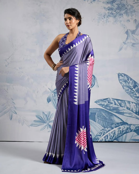 Regal Indigo Ready-to-Wear Crepe Silk Saree with Contemporary Geometric Print