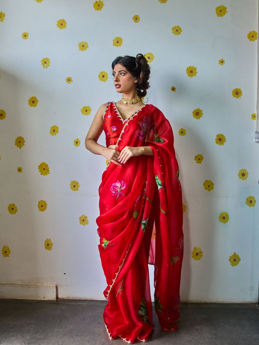 Luxury Crimson Lotus Organza Saree with Ready-to-Wear Stitched Designer Blouse