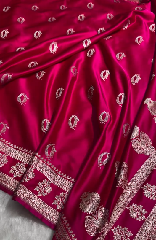 Rani Pink Pure Katan Silk Banarasi Saree with Silver Zari Butta & Rich Woven Border