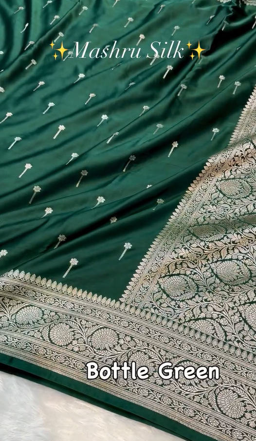 Emerald Green Mashru Silk Saree with Silver Zari Butta & Woven Border