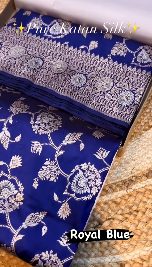 Royal Blue Pure Katan Silk Banarasi Saree with Silver Zari Floral Jaal