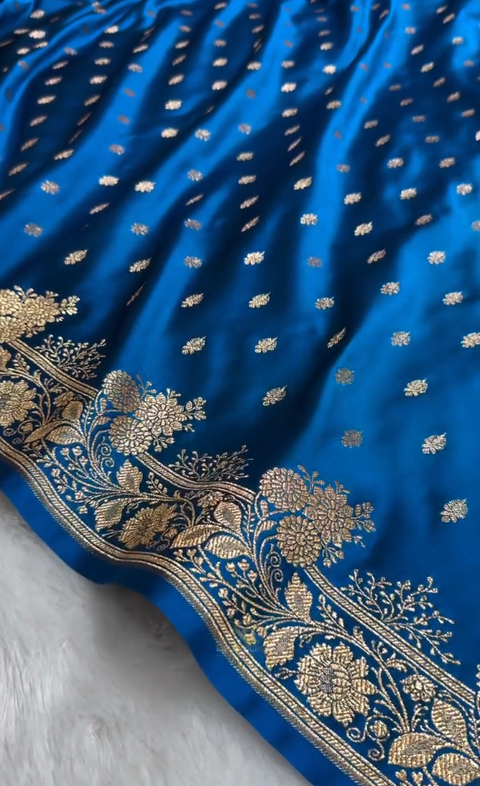Royal Blue Banarasi Silk Saree with Gold Zari Butta & Floral Woven Border