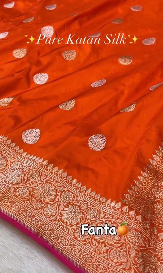 Fanta Orange Pure Katan Silk Banarasi Saree with Silver Zari Butta & Rich Woven Border