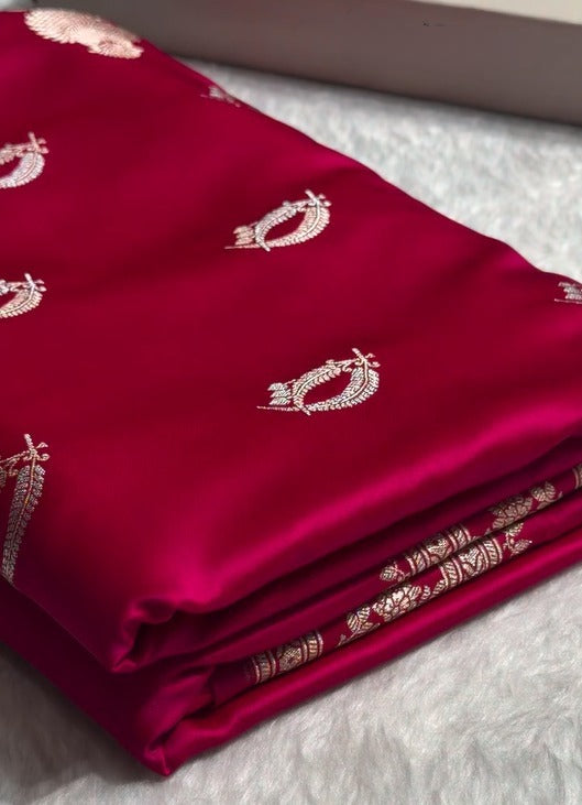 Rani Pink Pure Katan Silk Banarasi Saree with Silver Zari Butta & Rich Woven Border