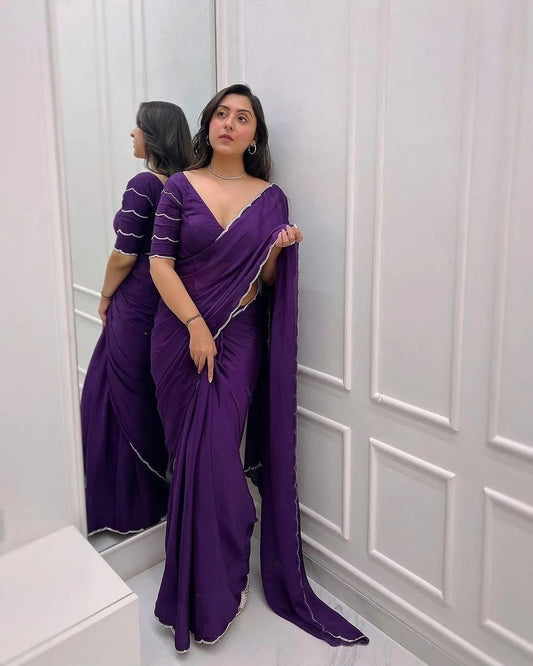 Royal Purple Ready-to-Wear Saree with Stitched Designer Blouse