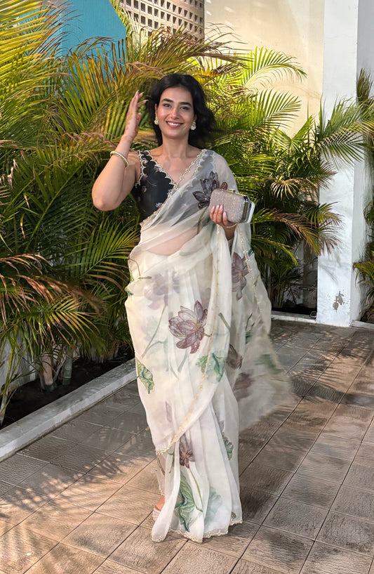 Luxury Smoke White Lotus Organza Saree with Ready-to-Wear Stitched Designer Blouse