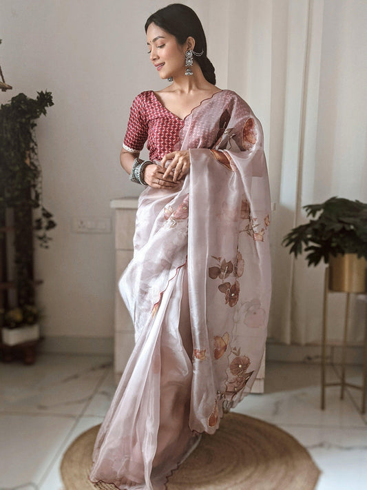 Mauve Rose Organza Ready-to-Wear Saree with Unstitched Blouse