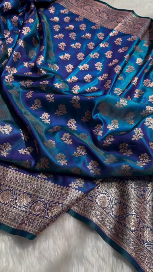Royal Blue Banarasi Silk Saree with Gold Zari Floral Buti Motifs & Classic Woven Border