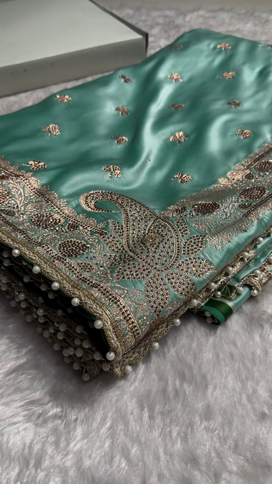 Mint Aqua Banarasi Silk Saree with Antique Silver Paisley Zari Border