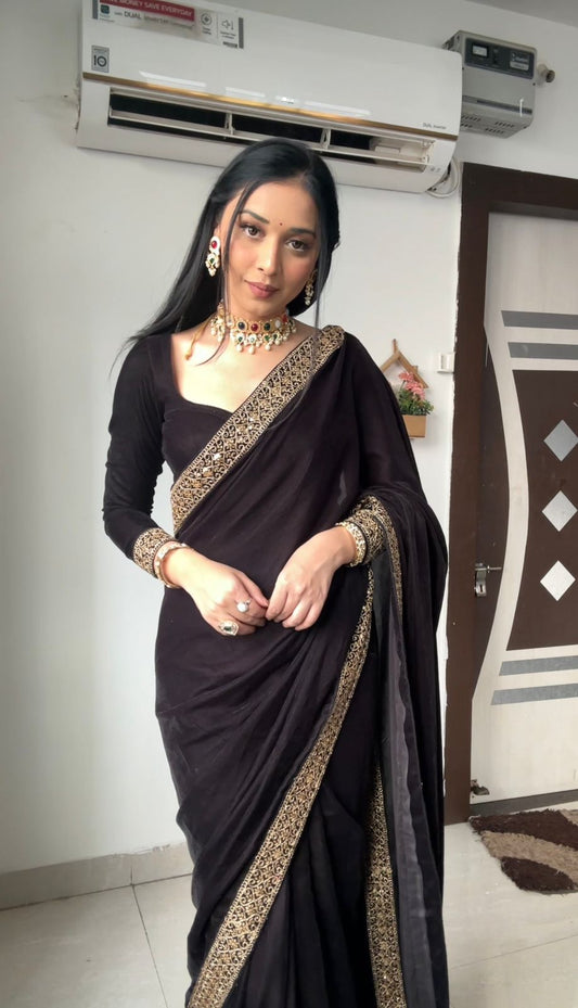 Midnight Elegance Ready-to-Wear Satin Saree with Unstitched Blouse