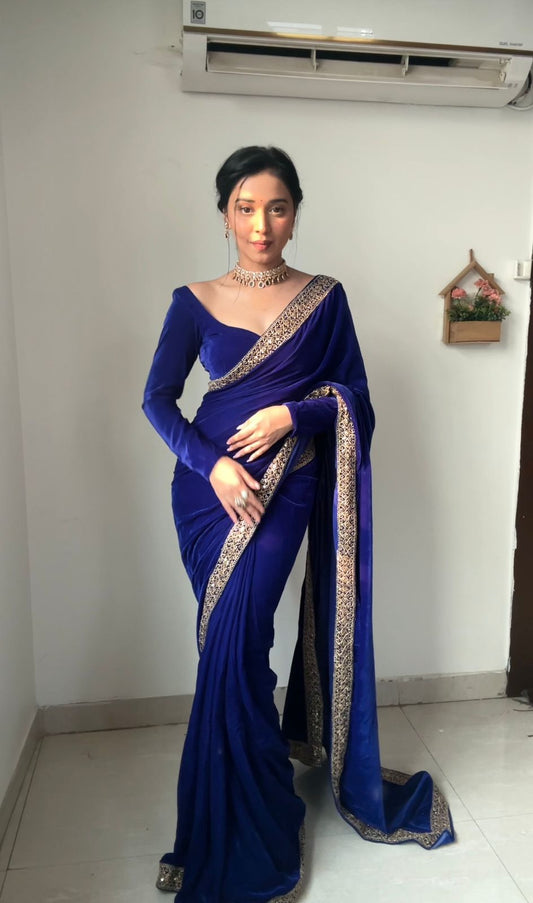 Sapphire Majesty Ready-to-Wear Satin Saree with Unstitched Blouse