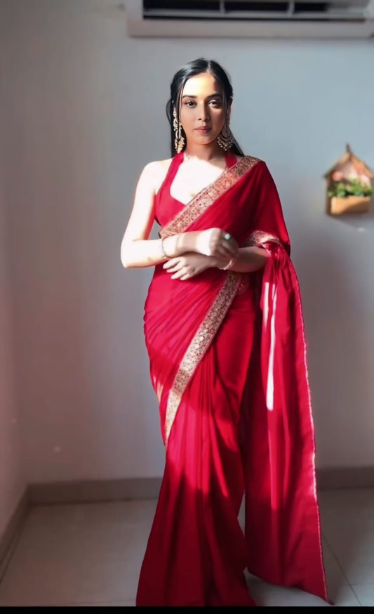 Ruby Royale Ready-to-Wear Satin Saree with Unstitched Blouse