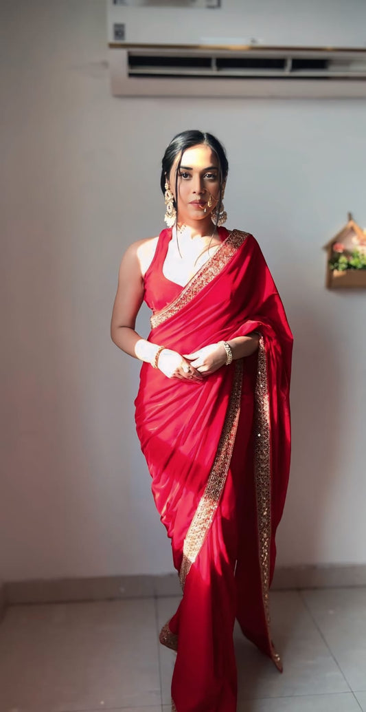Ruby Royale Ready-to-Wear Satin Saree with Unstitched Blouse