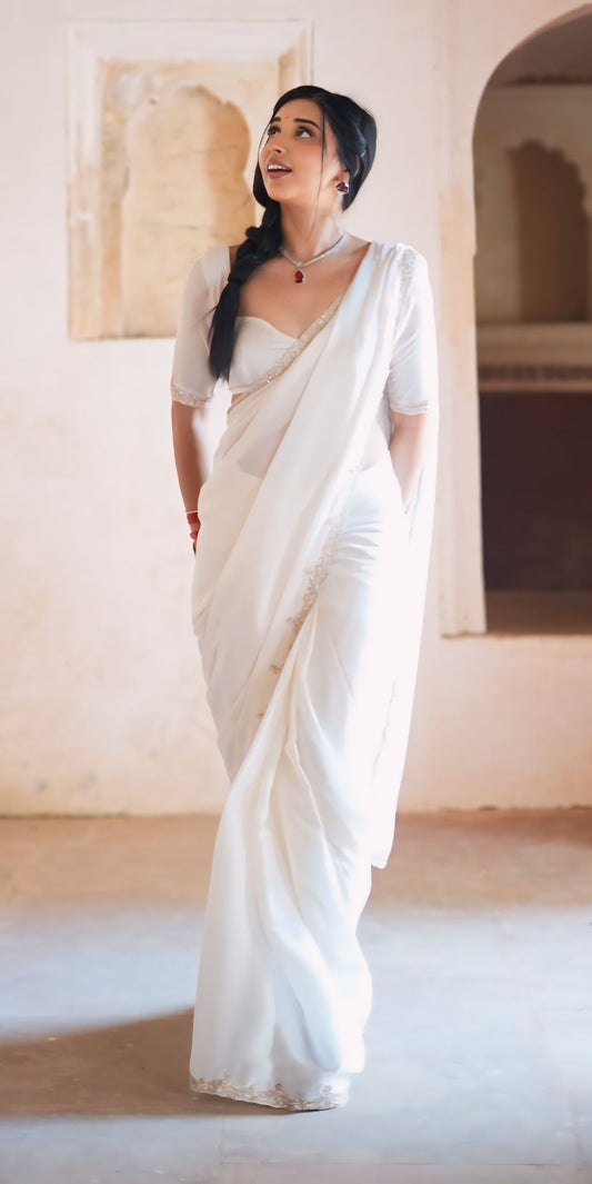 Pearl White Ready-to-Wear Saree with Stitched Designer Blouse