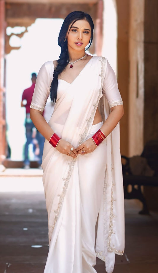 Pearl White Ready-to-Wear Saree with Stitched Designer Blouse