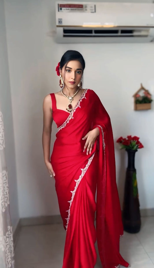 Ruby Red Ready-to-Wear Saree with Embroidered Designer Border