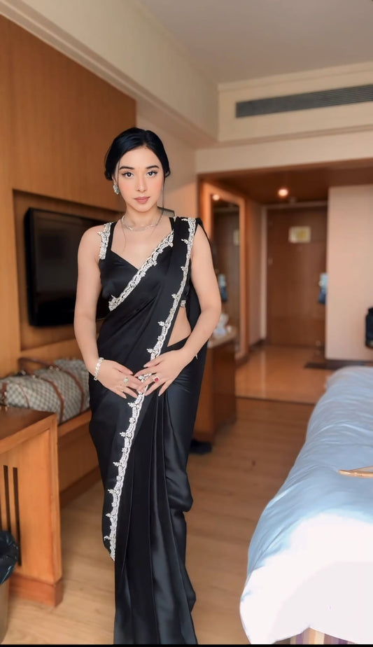Midnight Black Ready-to-Wear Saree with Hand Embroidered Designer Border