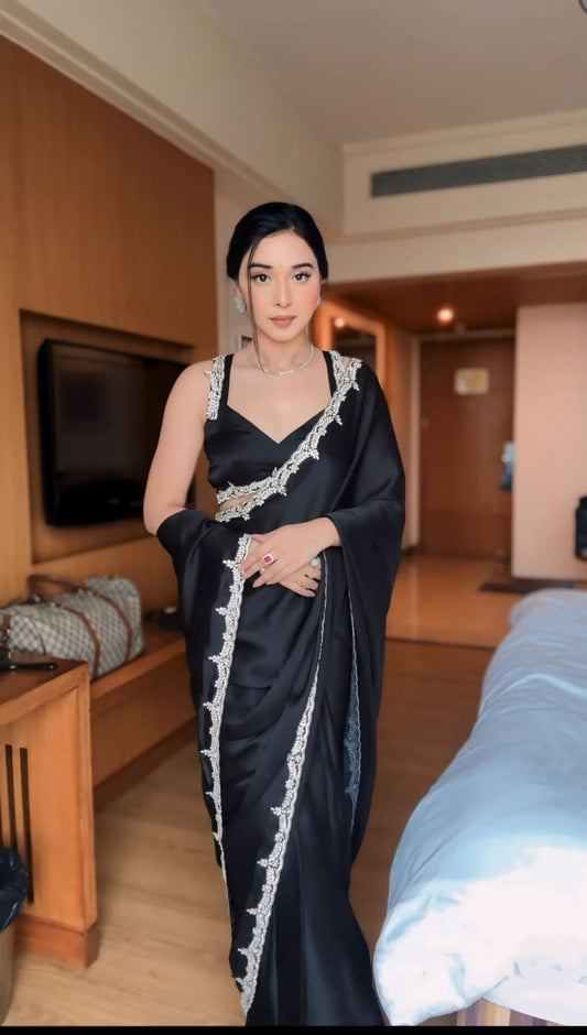 Midnight Black Ready-to-Wear Saree with Hand Embroidered Designer Border