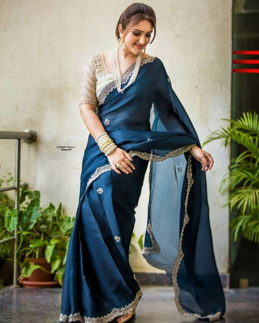 Royal Sapphire Blue Embroidered Georgette Saree with Designer Blouse Piece