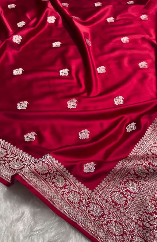 Ruby Red Banarasi Silk Saree with Silver Zari Buttas & Regal Woven Border