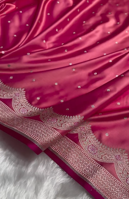 Rani Pink Banarasi Silk Saree with Silver Zari Buti & Elegant Woven Border
