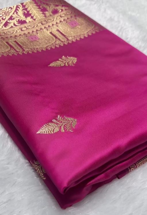 Royal Rani Pink Banarasi Silk Saree with Gold Zari Border & Delicate Buttas