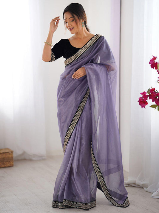 Lavender Mist Organza Saree with Designer Black Embellished Border