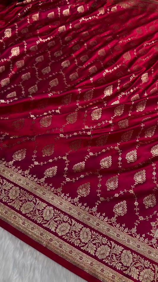 Maroon Banarasi Silk Saree with Golden Zari Buttas & Traditional Border