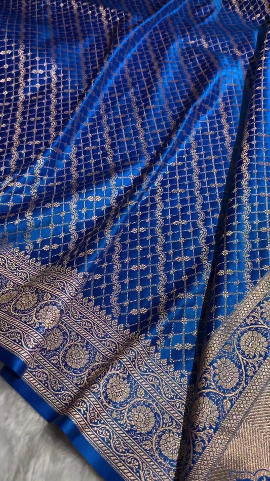 Royal Blue Banarasi Silk Saree with Gold Zari Lattice Jaal & Heavy Traditional Border