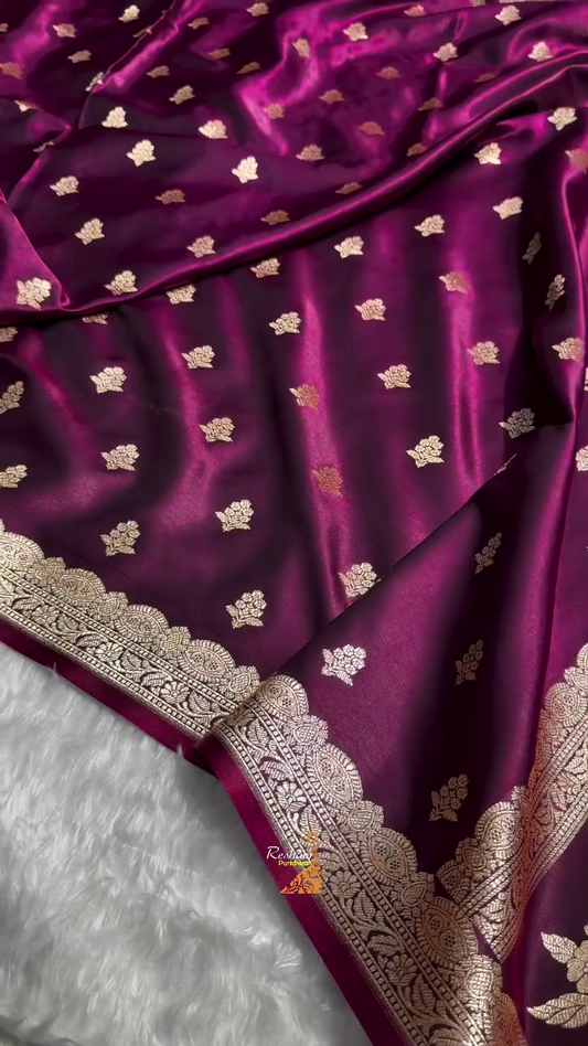 Wine Purple Banarasi Silk Saree with Gold Zari Floral Buti Motifs & Classic Woven Border