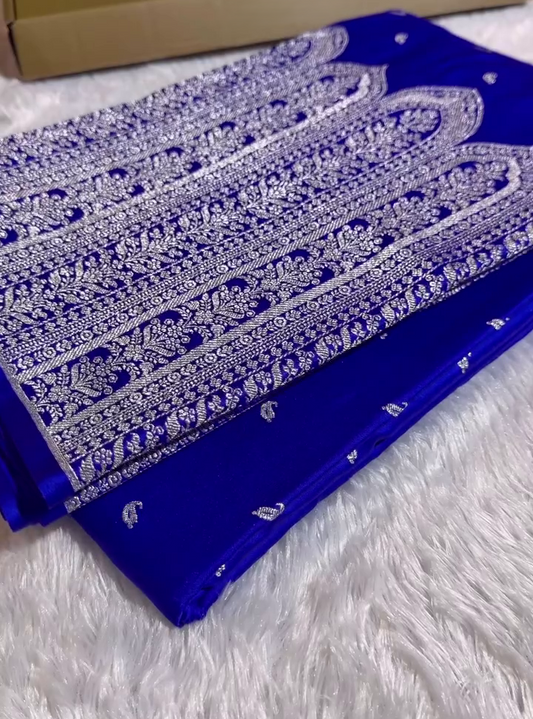 Royal Blue Banarasi Silk Saree With Heavy Silver Zari Work