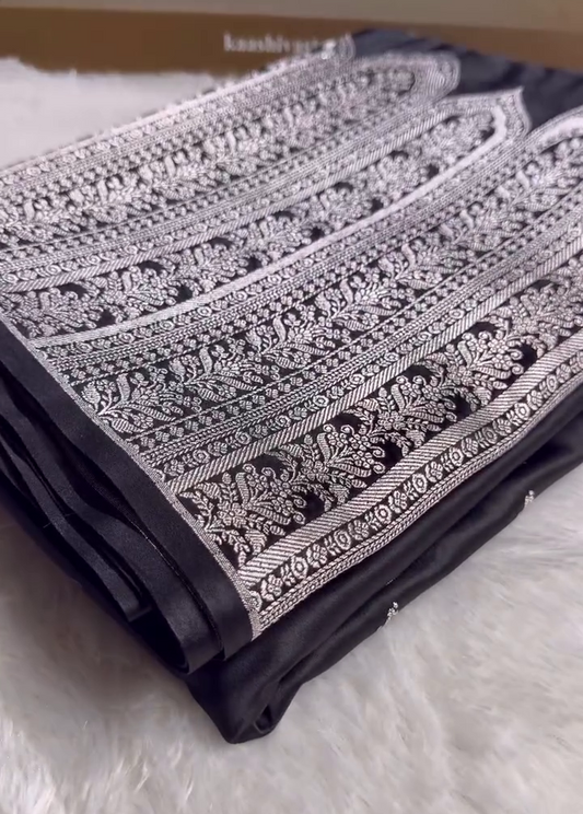 Black Banarasi Silk Saree With Heavy Silver Zari Weaving
