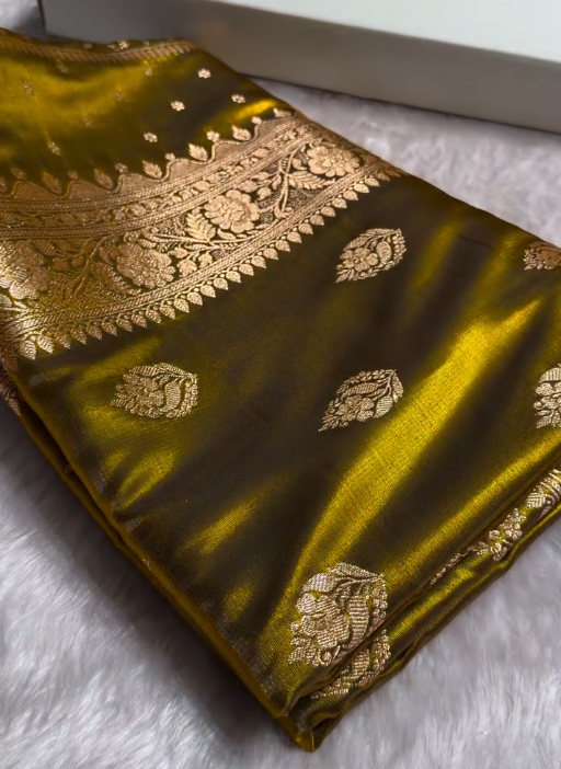 Olive Green Banarasi Silk Saree with Gold Zari Butta and Floral Border