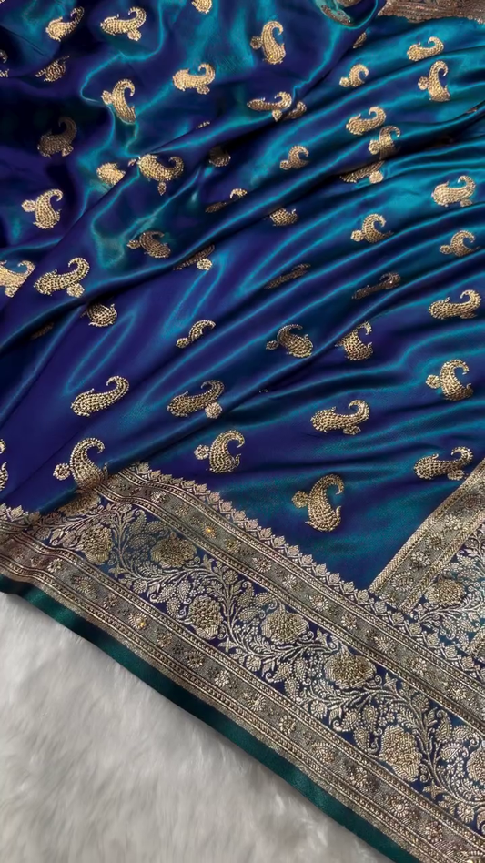 Royal Peacock Blue Banarasi Silk Saree with Antique Gold Paisley Zari Work